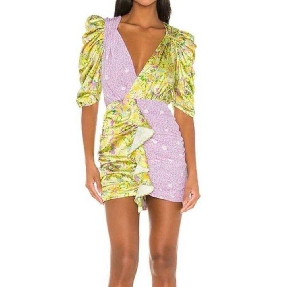 For Love & Lemons Dubois Print Plunging V-Neckline & Puff Sleeves Mini Dress S